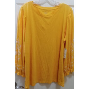 St Johns Bay Womens 3/4 Sleeve Blouse Sz XL Yellow Floral Embroidered Cotton NWT